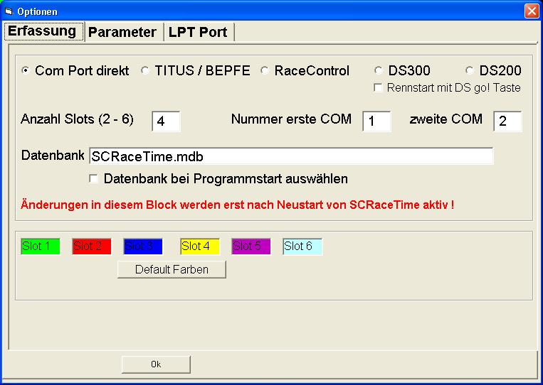 Optionendialog von SCRaceTime